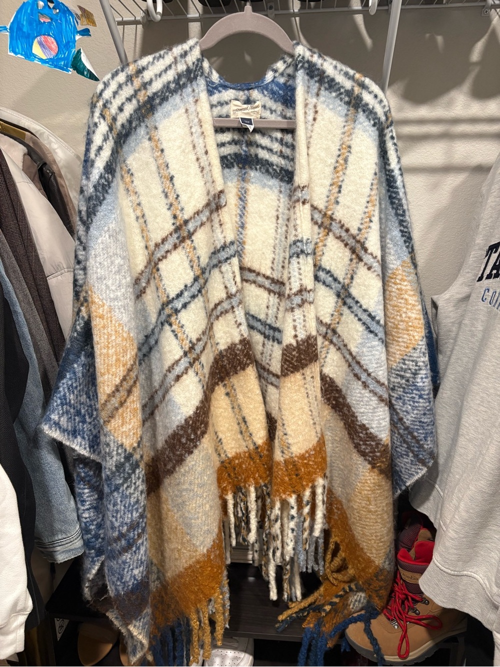 Universal Thread Cream Plaid Fringe Cardigan with Blue & Brown Accents